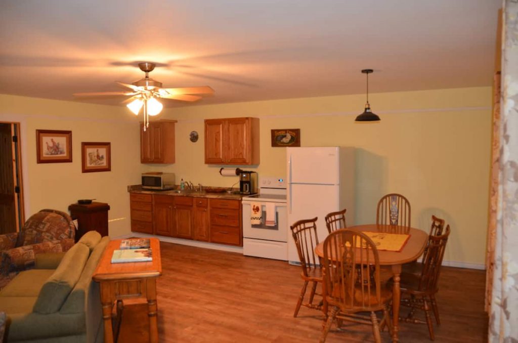 Lake Fork Farm | Kitchen and dining area | Spacious separate full kitchen/ dining/living room. Accommodates 6 guests.